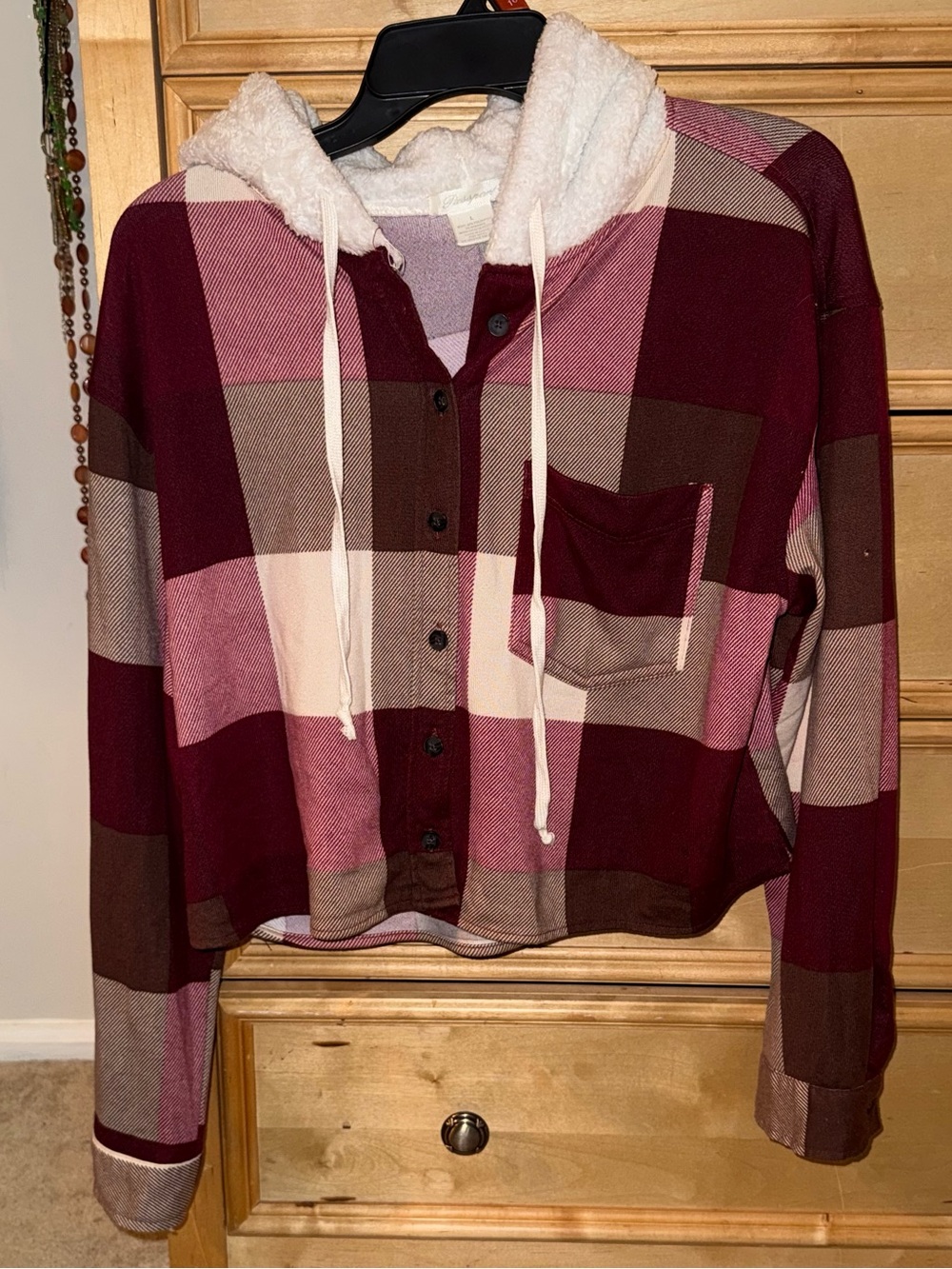 Rampage Burgundy & Pink plaid lightweight button up top